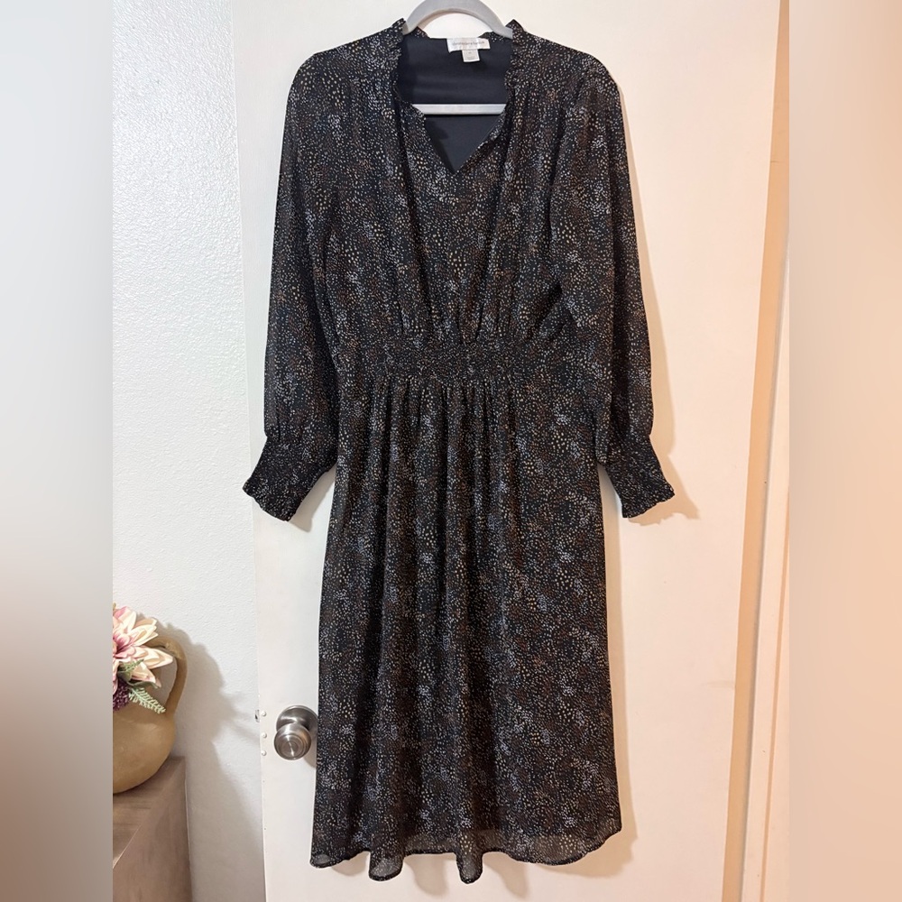 Christopher & Banks Black Printed Long Sleeve Midi Dress